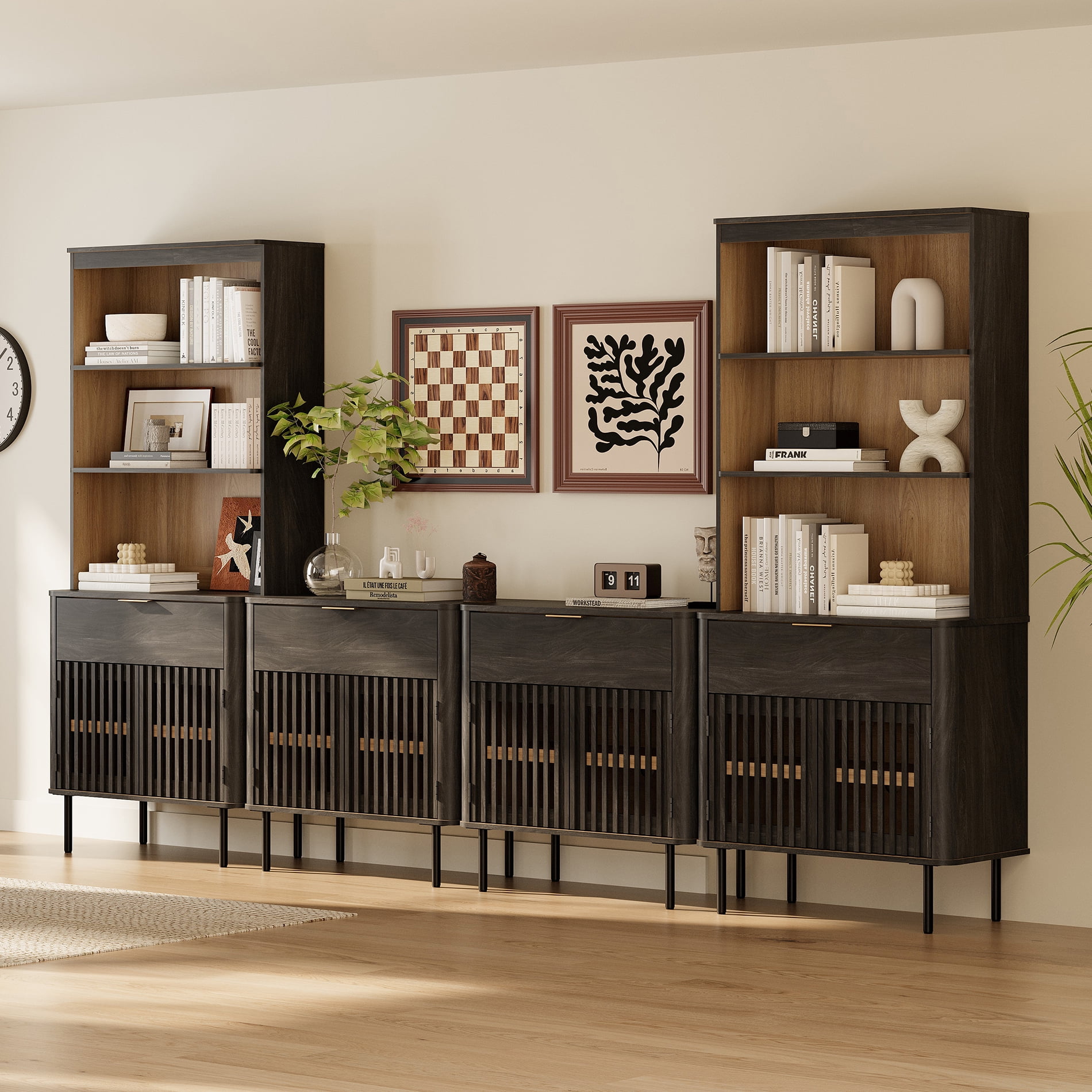 72.8" H X 126" W Kitchen Pantry With Bookcases, Push-to-open Door Kitchen Hutch With Drawer And Adjustable Shelf, Black