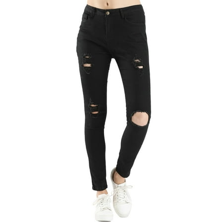 Women's Mid Rise Distressed Ripped Jeans Stretchy Denim Pants