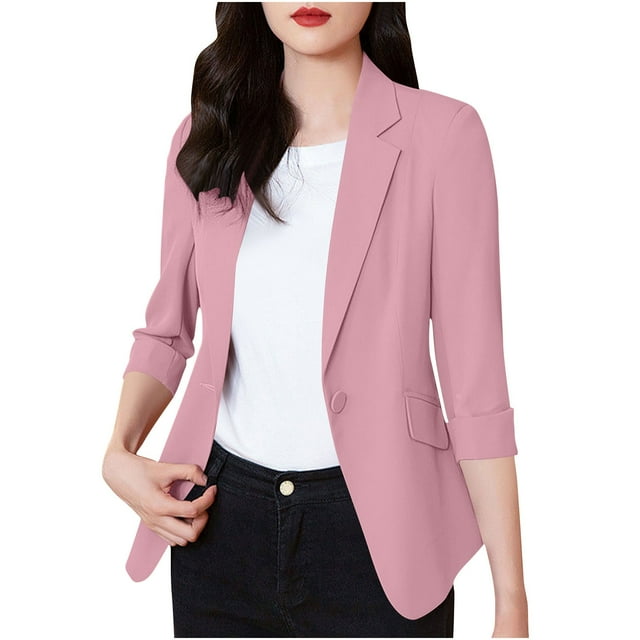 Veste de Complet Décontractée pour Femmes avec Col à Revers et devant Boutonné, Mélange Léger Polyester-Spandex, Longueur Régulière, Noir, P