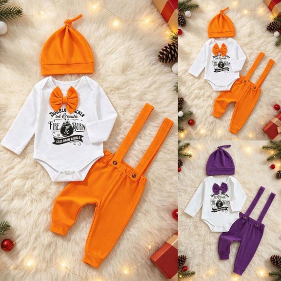 12-18 Months Newborn Infant Baby Boy Halloween Outfit Pumpkin Long Sleeve Romper Overalls Suspender Pants And Hat Boys And Girls Baby Romper Pajamas Crawling Clothes