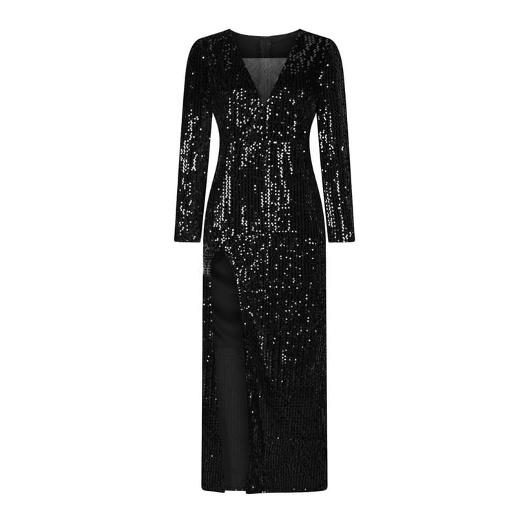BLTIBY Women Sequin Evening Dress Hip Wrap V-Neck Ruched Waist Long Sleeve  Glitter Cocktail Party Slim Fit Formal Gowns with High Split Black L -  Walmart.com