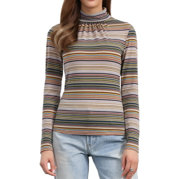 INSPIRE CHIC Camiseta de rayas de mujer de manga larga, casual, ajustada, de cuello alto, para primavera, otoño y fiesta de Navidad 2026 XS Rayas marrones