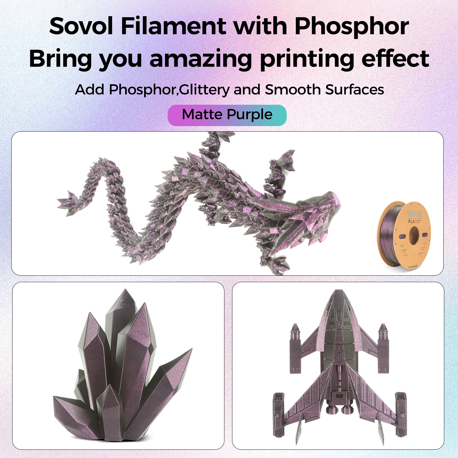 Sovol Silk PLA Filament with Purple Glitter 1kg 1.75mm, Color Changeable 3D Printer Filament 2.2lbs, Chameleon Shiny PLA Material +/-0.03mm, Shimmering 3D Printing Filament, Galaxy Purple