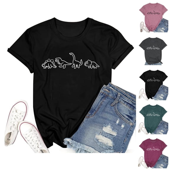 Cute Dinosaur Graphic Tees for Women 2026 Summer Casual Short Sleeve Crewneck Dino T Shirts