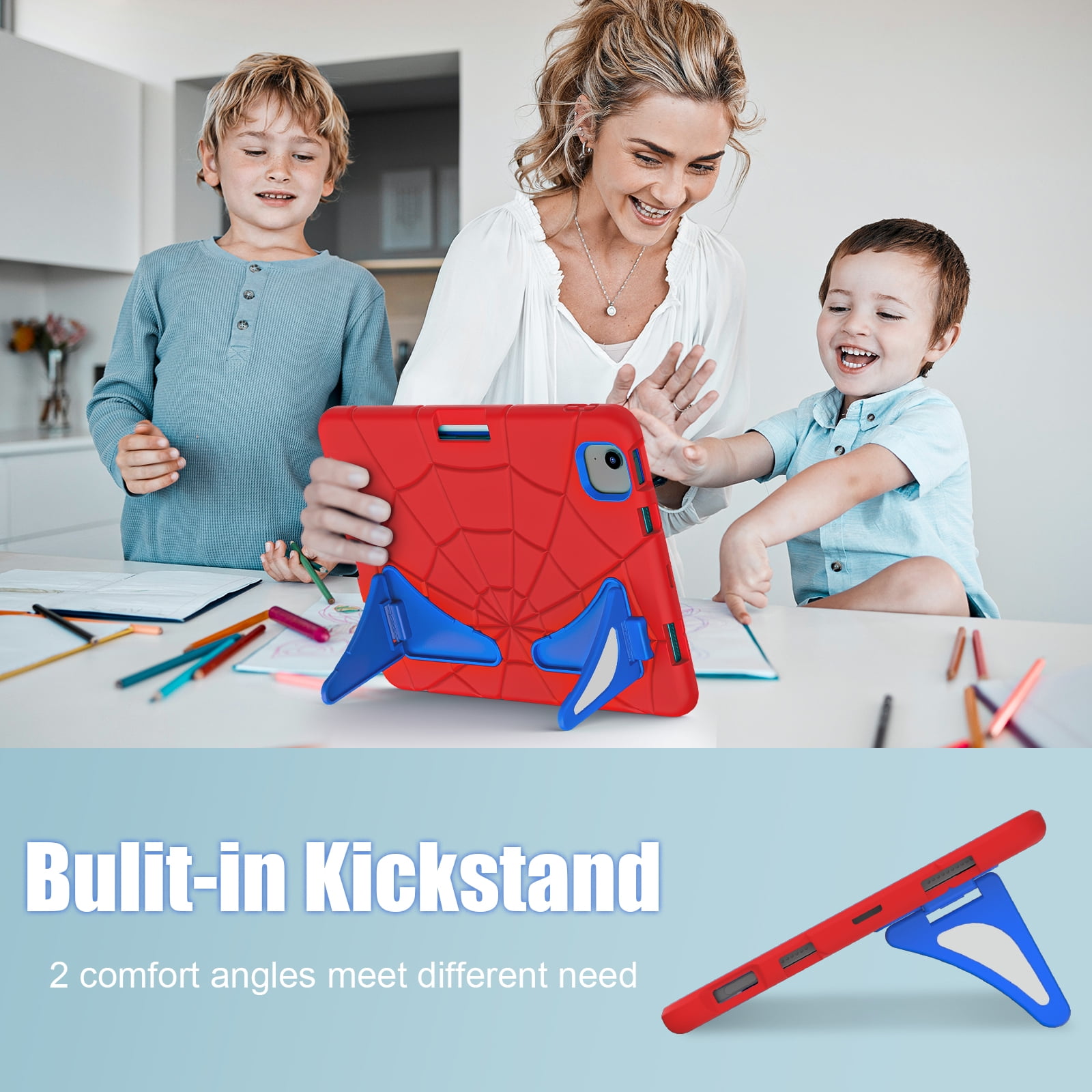 Allytechgroup iPad Pro 11 2024 Case, Cute Stylish Design Kids Friendly Rugged Kickstand Lightweight Silicone PC Case with Pencil Holder for Apple iPad Pro 11 Inch 2024, Red+Blue