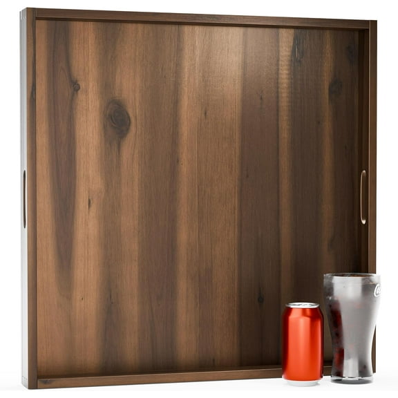24 Inch Acacia Wood Square Ottoman Tray - Wooden Square Serving Tray with Handles - Extra Large Food Serving Trays for Decorative, Coffee Table, Breakfast in Bed - Charcuterie Trays (Walnut 24 inch)