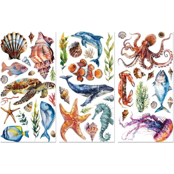 Rub on Transfer Decals for Furniture Crafts 6"x12" 3Pcs Undersea World Marine Life Waterproof UV DTF Transfer Decals Sticker for Dresser Lingerie Chests Drawer Glass Porcelain Wood for DIY