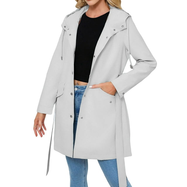 Imperméable Coupe-Vent pour Femmes à Capuche Classique avec Ceinture à Nouer et Cordon, Activités de Plein Air, Manteau de Pluie Blanc Gris m