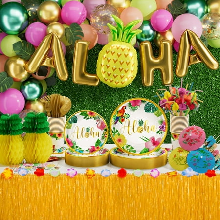 

Hawaiian Luau Birthday Party Decorations 329PCS Tropical Aloha Party Supplies for Summer Beach Decor Disposable Dinnerware Set (25 Guest) with Plates Napkin Cups Table Skirt Straws Balloon Garland Kit