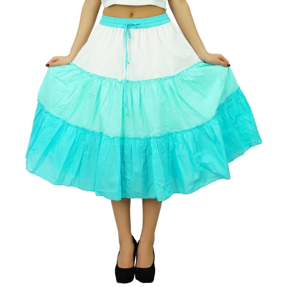 Bimba Flaired Cotton Boho Summer Skirt Elastic Waist Mid-Calf Ruffle Skirts