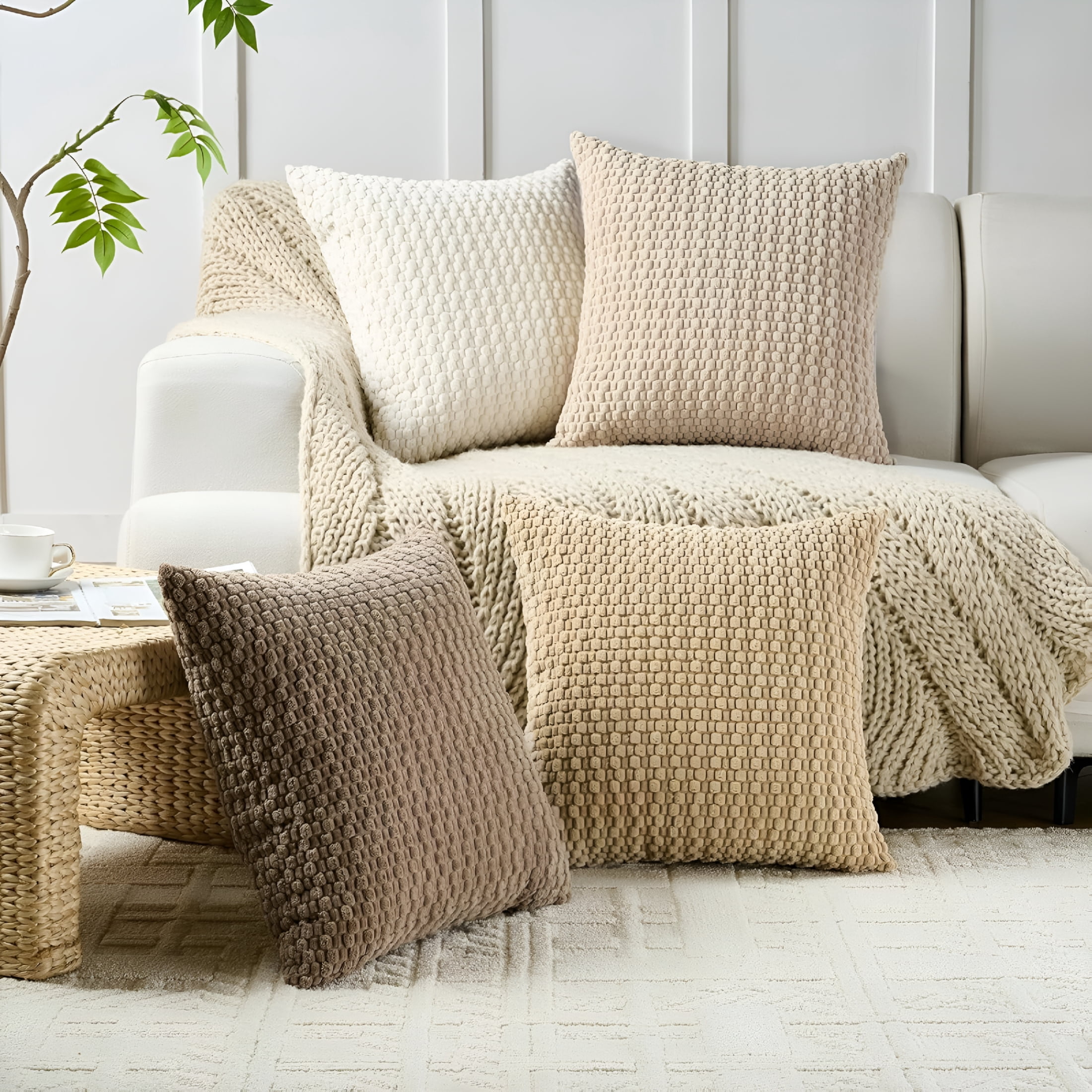 AUQ Throw Pillow Covers 18X18 Set of 4,Super Soft Boho Corduroy Decorative Cushion Cases,Solid Color Plush Texture Pillow Covers for Sofa Couch Chair,Beige Brown Pillow Cases 18X18