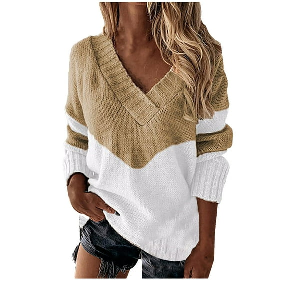 Bovemsi Womens Sweaters Cozy Women's Autumn Winter V Neck Color Blocked Knitted Loose Casual Warm Pullover Sweater Business Casual Sweaters