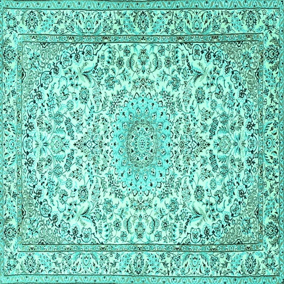Ahgly Company Machine Washable Indoor Square Medallion Turquoise Blue Traditional Area Rugs, 3' Square