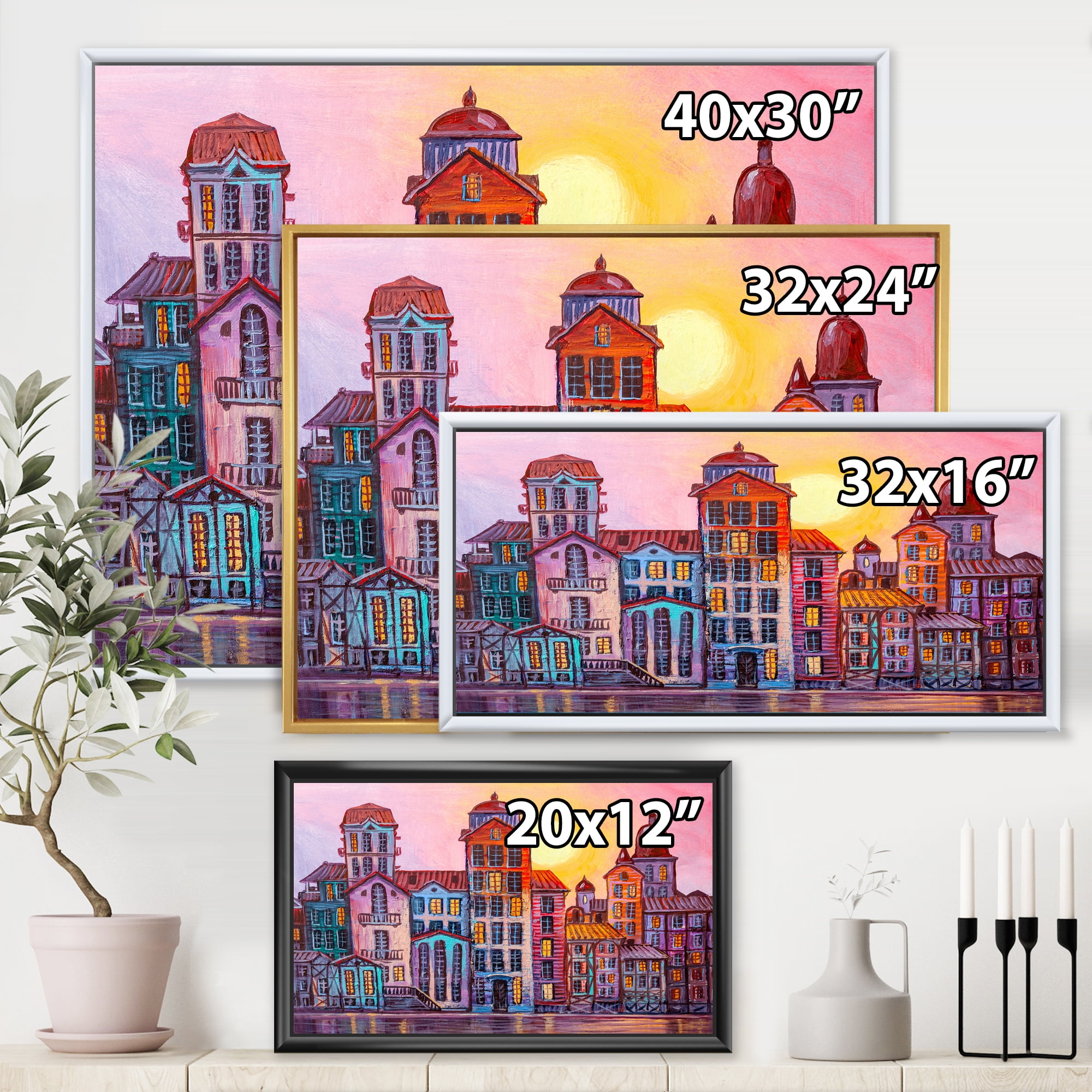 Designart 'Afternoon Street Scene In Old Town With Colorful Buildings' Mid-Century Modern Framed Canvas Wall Art Print