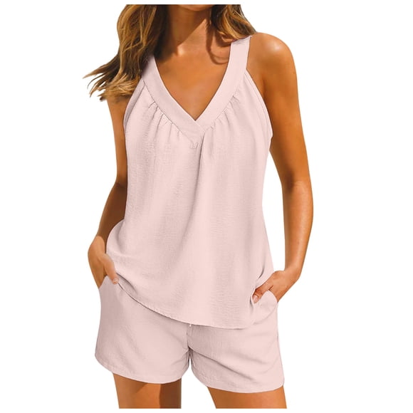 Mrat Womens Sleeveless Pajamas Set Casual Sleepwear Sets Tank Tops and Shorts 2 Piece Loungewear for Summer Womens Sleepwear S-69 Pink-A S