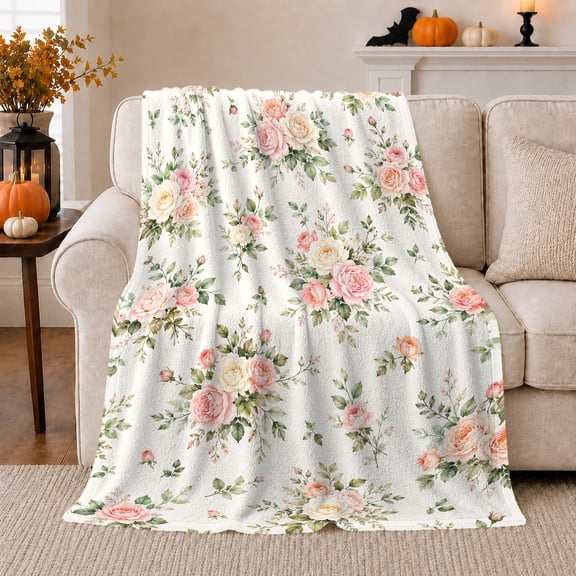Soft Pink Rose Bouquets With Green Foliage, Cozy Flannel Blanket with Romantic Floral Watercolor Print, Housewarming Gift for Rose Garden Enthusiasts, Home Decor for Bedroom and Living Room