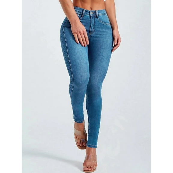 Basic women's high waisted elastic hip lifting slim fit jeans with pockets