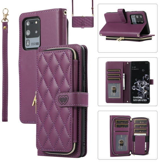 Allytechgroup for Samsung Galaxy S20 Ultra Wallet Case, Premium PU Leather Magnetic Buckle Zipper Pocket Card Slots Flip Stand Protective Cover with Hand Strap & Shoulder Strap - Darkpurple
