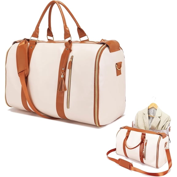 Waterproof PU Leather Garment Duffel Bag with Shoe Pocket - 3-in-1 Hanging Travel Suitcase for Women & Men, Large Travel Bag, White