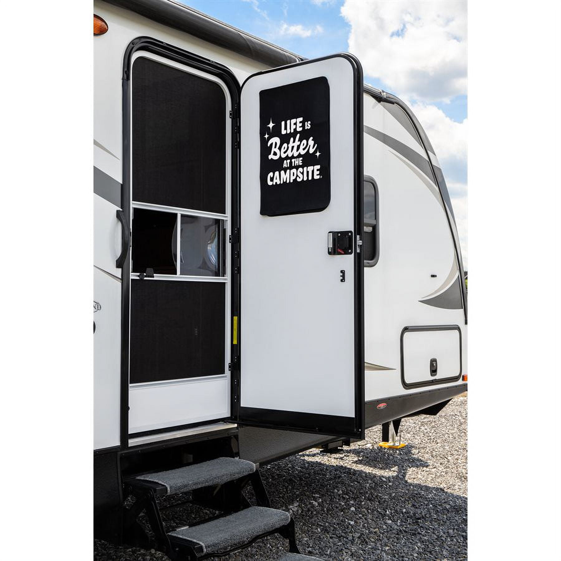 Camco Life Is Better at the Campsite Camper/RV Door Window Light Blocking Shade | Black with Retro Stars and White Text, 25.25" x 16.25" (53051)