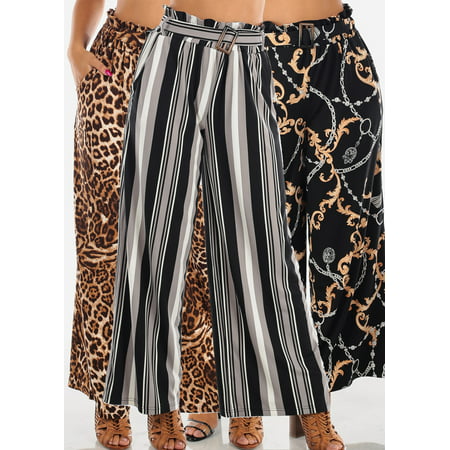 BEST DEAL!!! 3 PACK Womens Juniors On Sale Clearanc Cute Stylish Elegant High Waisted Printed Wide Leg Palazzo Pants (Best Female Legs In Golf)