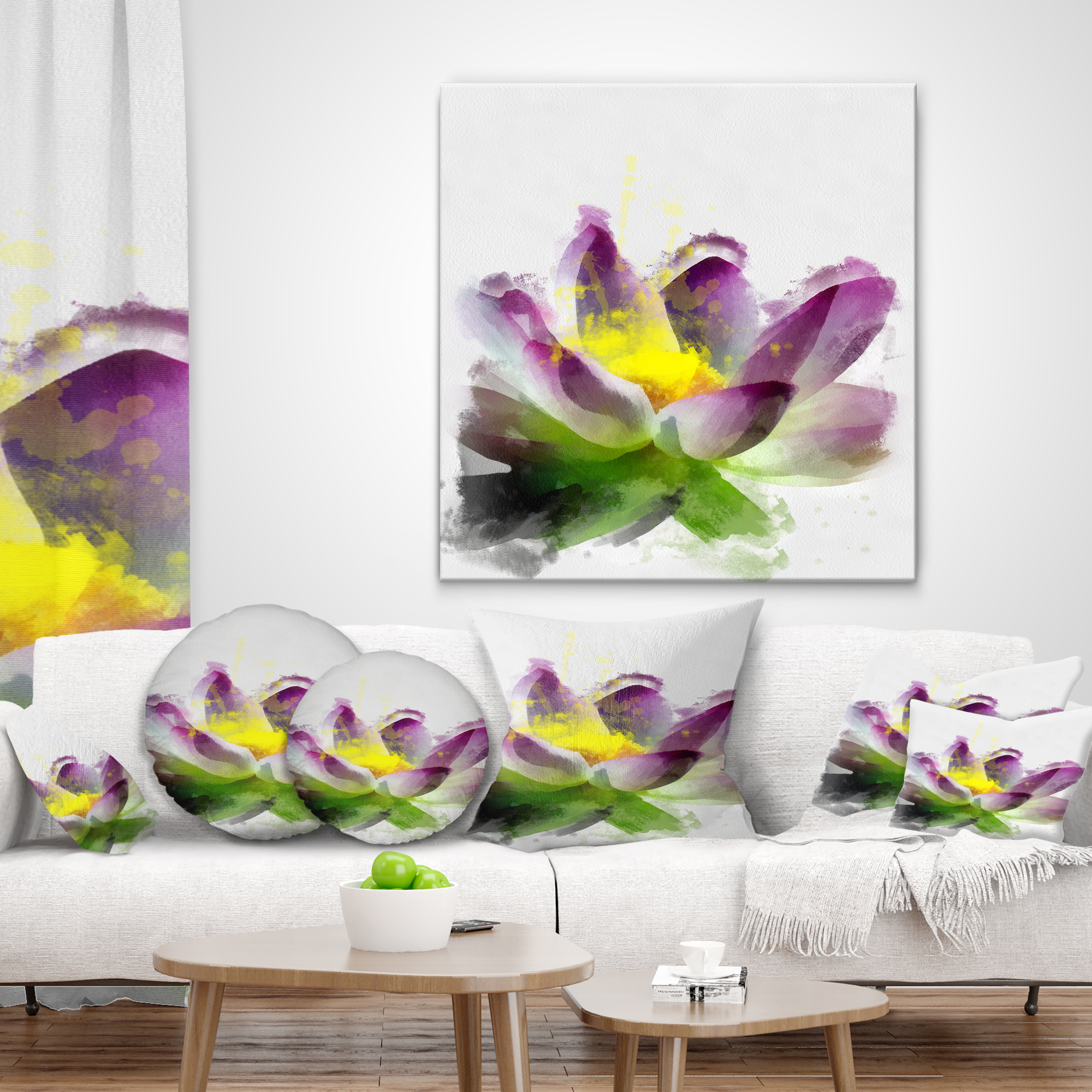 Designart Lotus Flower Sketch Watercolor - Floral Throw Pillow - 12x20