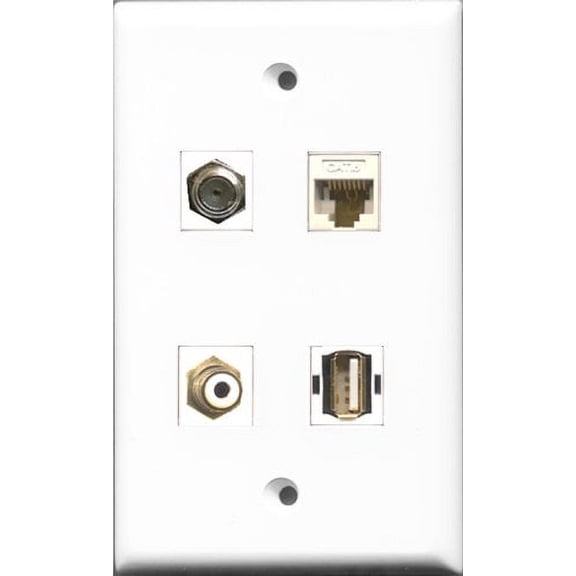 RiteAV 1 Port RCA White and 1 Port Coax Cable TV- F-Type and 1 Port USB A-A and 1 Port Cat6 Ethernet White Wall Plate