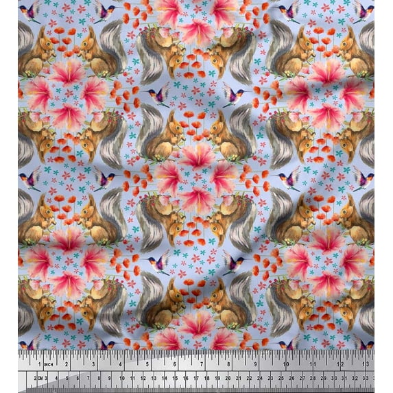 Soimoi Crepe Silk Fabric Floral,Hummingbird & Squirrel Animal Printed Fabric 1 Yard 42 Inch Wide