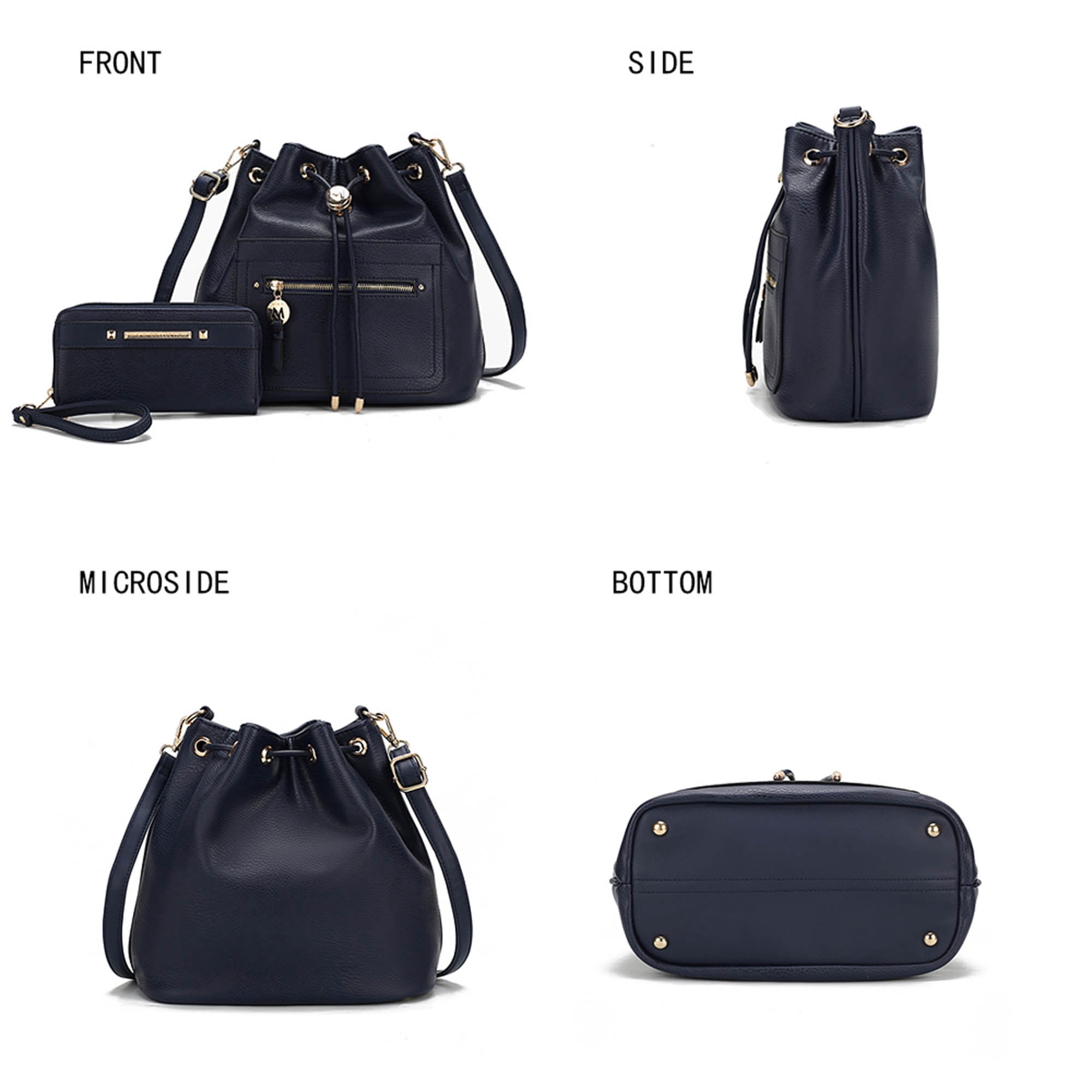 MKF Collection Larissa Vegan Leather Women's Bucket Bag & Wristlet Wallet, Drawstring Hobo Purse Handbag 2 Pcs by Mia K - Black