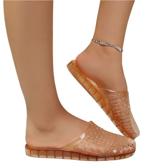 Women's Jelly Slide Sandals - Clear Mesh Hollow Slip On Closed Toe Slippers - Lightweight Casual No Slip Flat Sandals