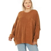 JED FASHION Women's Plus Size Drop Shoulder Oversized Crewneck Tunic Sweater