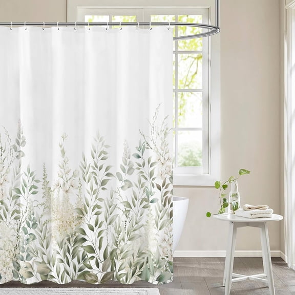 Retro Sage Green Leaves Shower Curtain, Light White Floral Plant Bathroom Decoration Shower Curtain Sets 71x71 Inch with Hooks