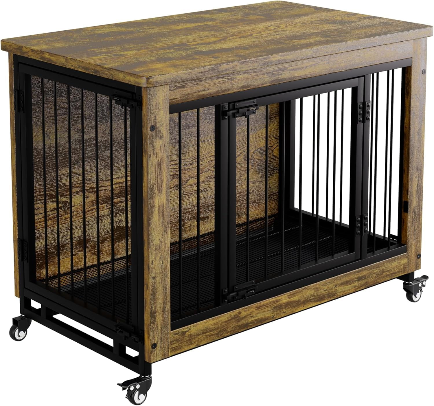 Home Indoor 38.6 Inch Wooden Pet Dog Crate Furniture, Three-Door Design with Wheels, Kennel and Side Table, Includes Removable Tray, Suitable for Small to Medium Dogs, Easy to Clean
