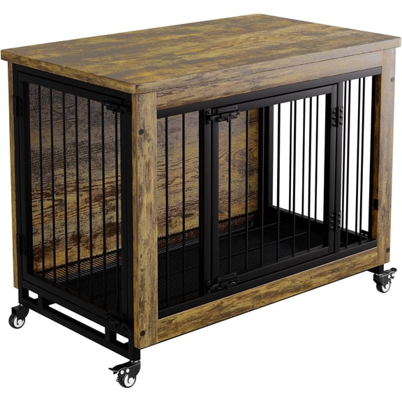 38.6" Rustic Wood Dog Crate Furniture – 3 Doors, Heavy Duty Indoor Kennel End Table, Removable Tray, Locking Wheels, Chew-Resistant, Easy to Clean – Furniture-Style Pet House for Small & Medium Dogs