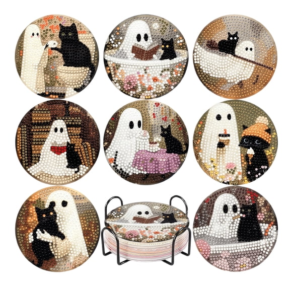 Halloween Ghost Diamond Painting Coaster Kit, 8 Pack 3.94 in Gem Art Coasters with Holder for Fall Home Decor