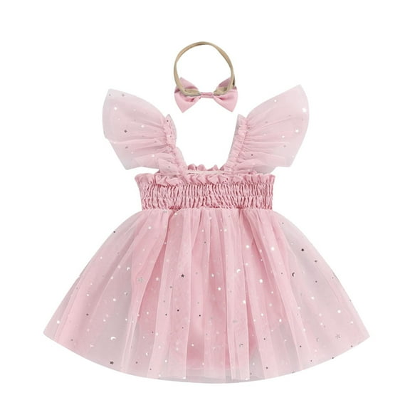 Zwiiyzr 0-18M Summer Bayb Girls Clothes Mesh Sequins Flying Sleeves Princess Dress Romper  Bow Headband Set Pink