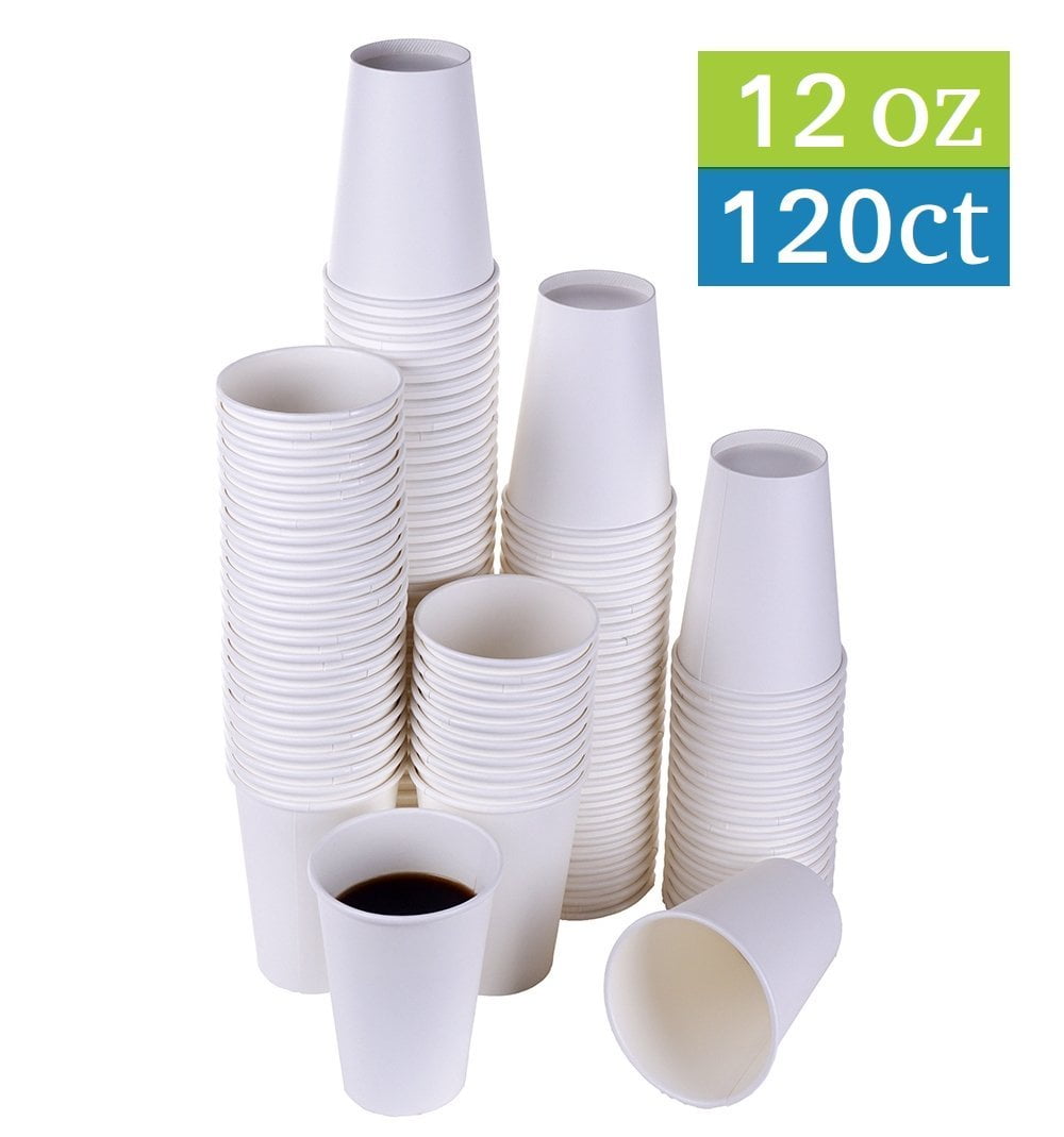 TashiBox 12 oz White Hot Drink Paper Cups - 120 Count - Disposable Paper Coffee Cups