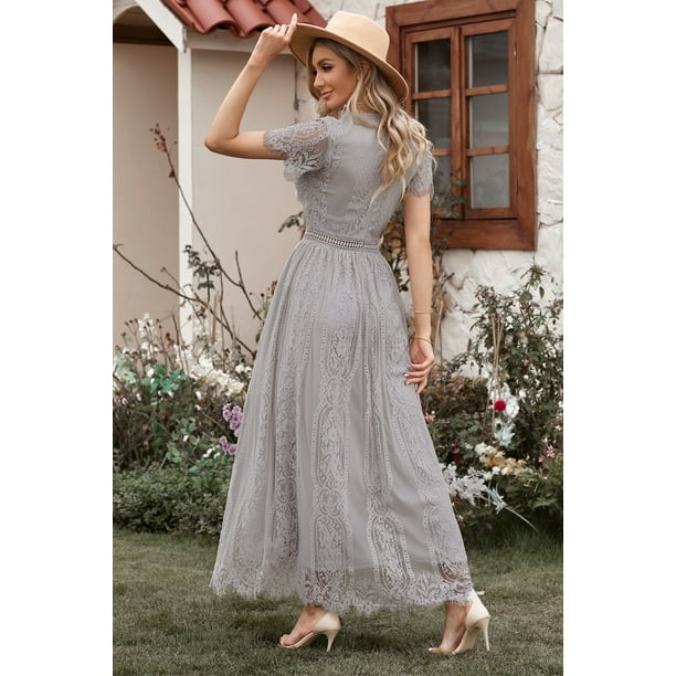 POGLIP Women s Gray Blue Fill Your Heart Lace Maxi Dress Walmart