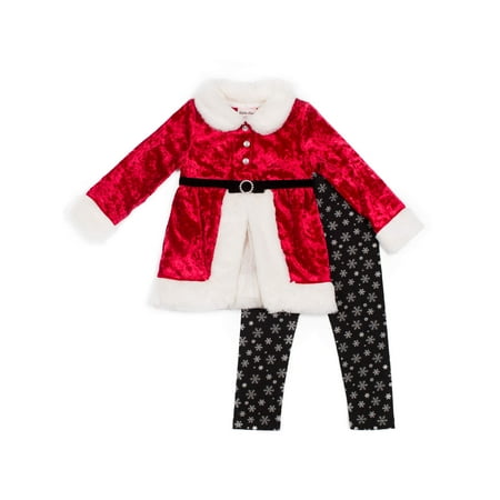 Little Lass Christmas Holiday Santa Top, Printed Leggings and Santa Hat, 3-Piece Outfit Set (Little Girls)