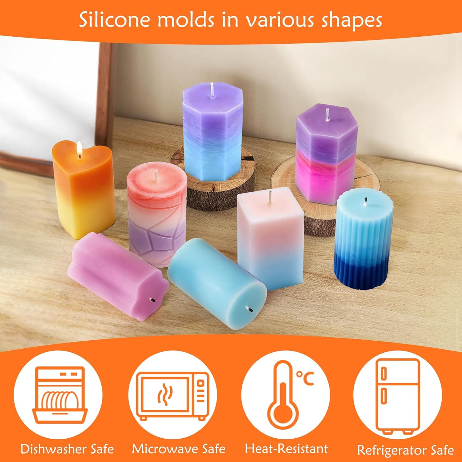 8PCS Reusable Silicone Candle Molds Set - Cylinder/Hexagon/Octagonal/Heart/Flower/Square Shapes for DIY Making Soap Resin Crafts Easy Release Making Kit (8 Cylinder & Hexagon)
