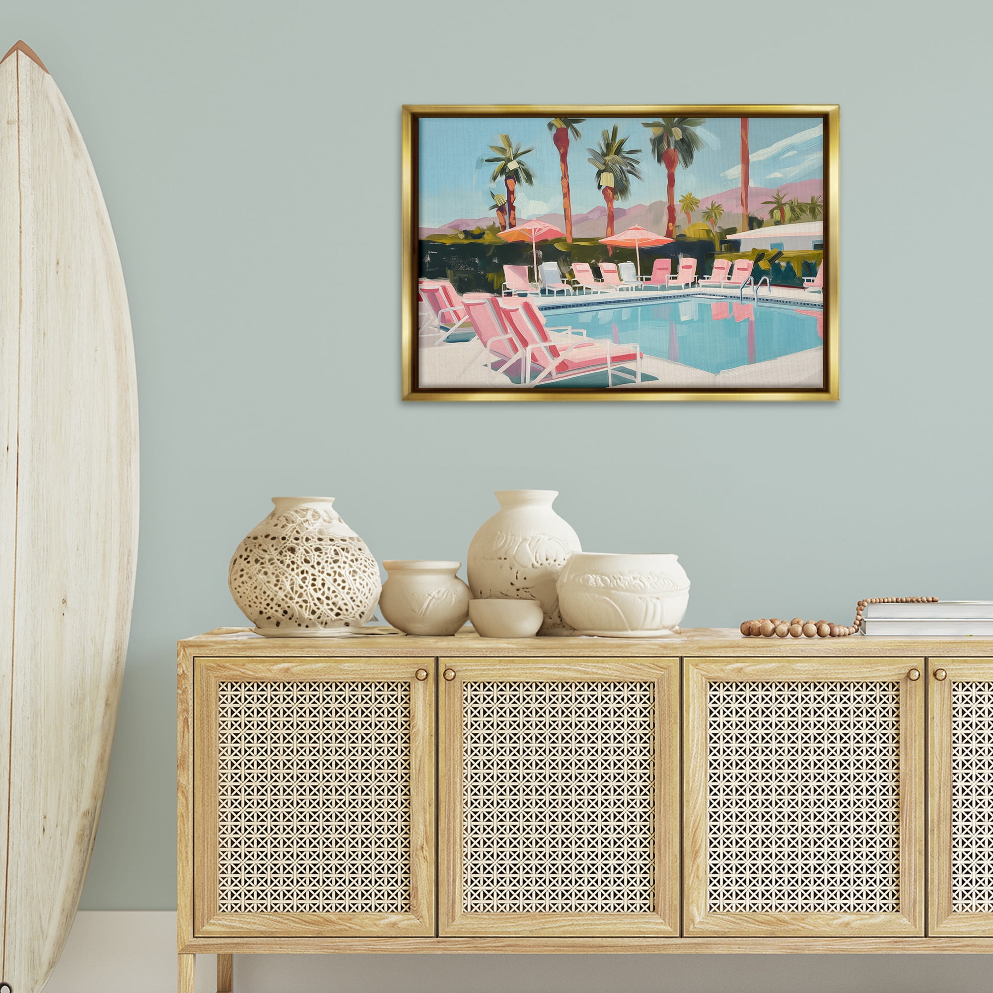 Stupell Industries Palm Springs Swimming Pool Landscape & Nature Painting Gold Floater Framed Canvas Art Print Wall Art, 31 x 21