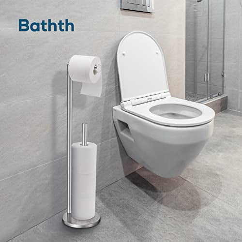 Freestanding Toilet Paper Holder Stand with Storage, Brushed Nickel Finish, Modern Bathroom Organizer for Tissue Roll Dispenser and Extra Storage Space