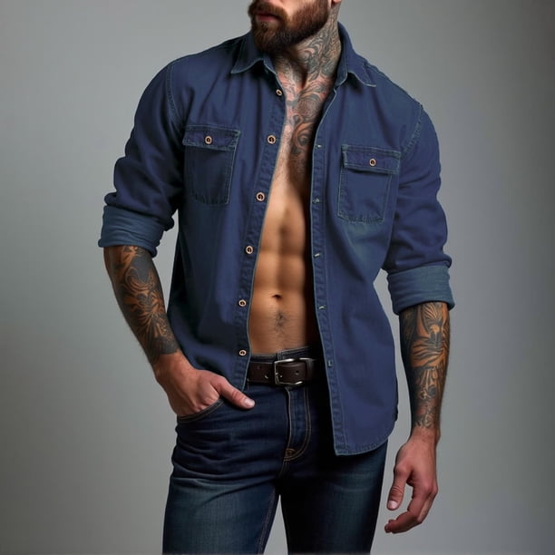 pstuiky camisa de manga larga para hombre, Camiseta lisa de manga larga con cuello vuelto para hombre, informal, elegante, cómoda, con bolsillos y botones, con capucha camisetas de hombre m