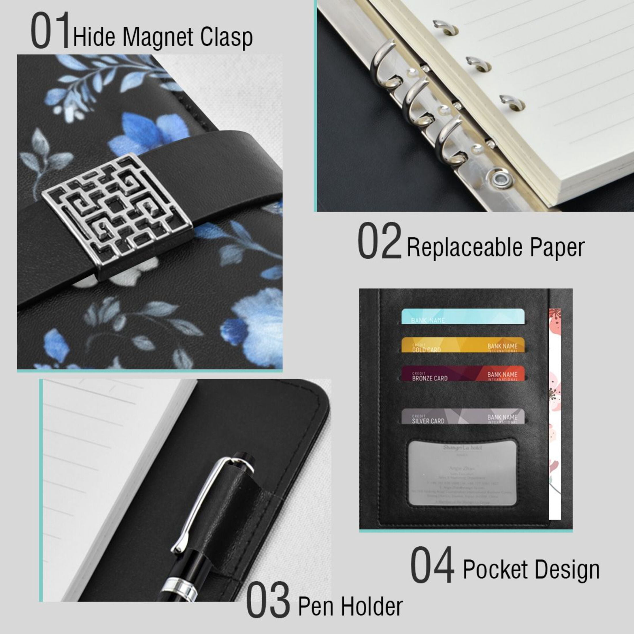 Leather Planner Leather Notebook Notebook Journal Binder Design Pen Pocket Design Convenient for Storage Watercolor White Blue Flowers