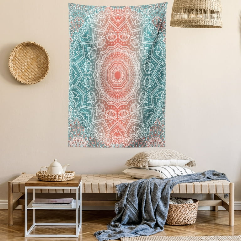 Coral and Teal Tapestry Modern Tribal Mandala Tibetan Healing Motif with Floral Geometric Ombre Art Wall Hanging for Bedroom Living Room Dorm Decor 60W X 80L Inches Coral Teal by Ambesonne