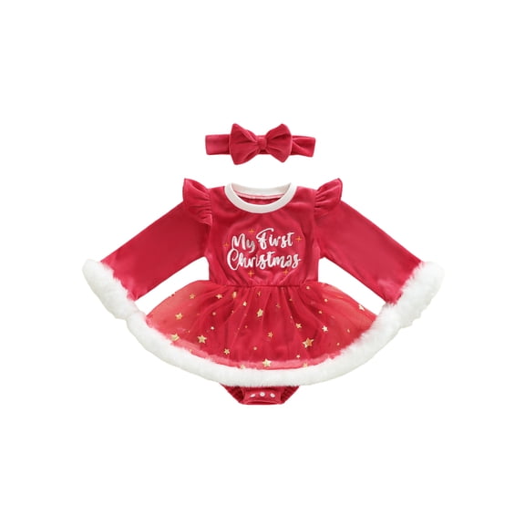 BemeyourBBs Newborn Baby Girl Christmas Outfit Velvet Santa Romper Dress Bow Embroidery Long Sleeve Smocked Tutu Dress Headband 2 Piece Set