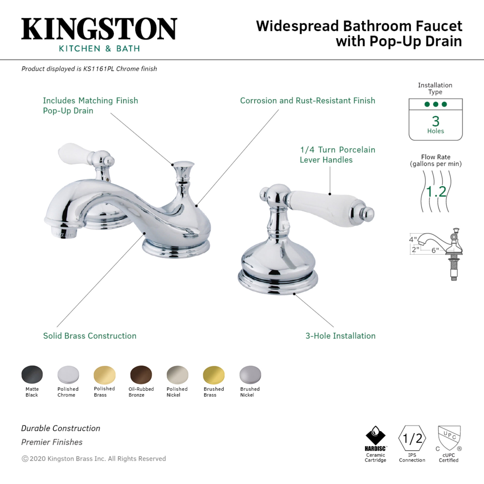 Kingston Brass KS1167PL Heritage Two-Handle 3-Hole Deck Mount Widespread Bathroom Faucet with Brass Pop-Up in Brushed Brass