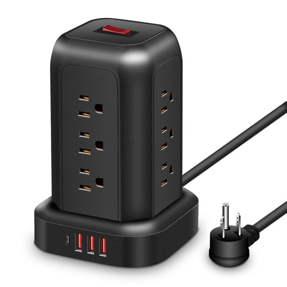 Riwcyla Tower Plug Strip Tower 12 Outlets, USB*3 Type,C*1, 5.1 Ft Strip with 45° Plug, 2000W 13A, Superior Surge Protection, Overload Protection, US Standard Plug for Home Office Dorm Room Black