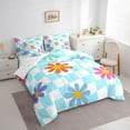 thumbnail image 3 of Manfei Kawaii Groovy Floral Bedding Comforter Set 7 Pieces for Teens, Dreamy Blue Cartoon Full Bedding Set, Spiral Plaid Buffalo Fitted Sheet Flat Sheet, Microfiber Bedroom Decor, 3 of 7