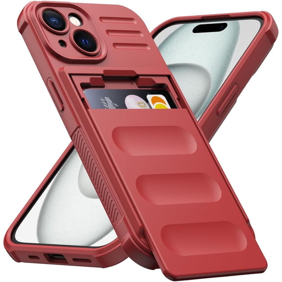 for iPhone 15 Case with Card Holder Heavy Duty Protective Premium TPU Shockproof Slide Hidden Card Slot Slim Wallet Case for iPhone 15 for Men&Women(Red)